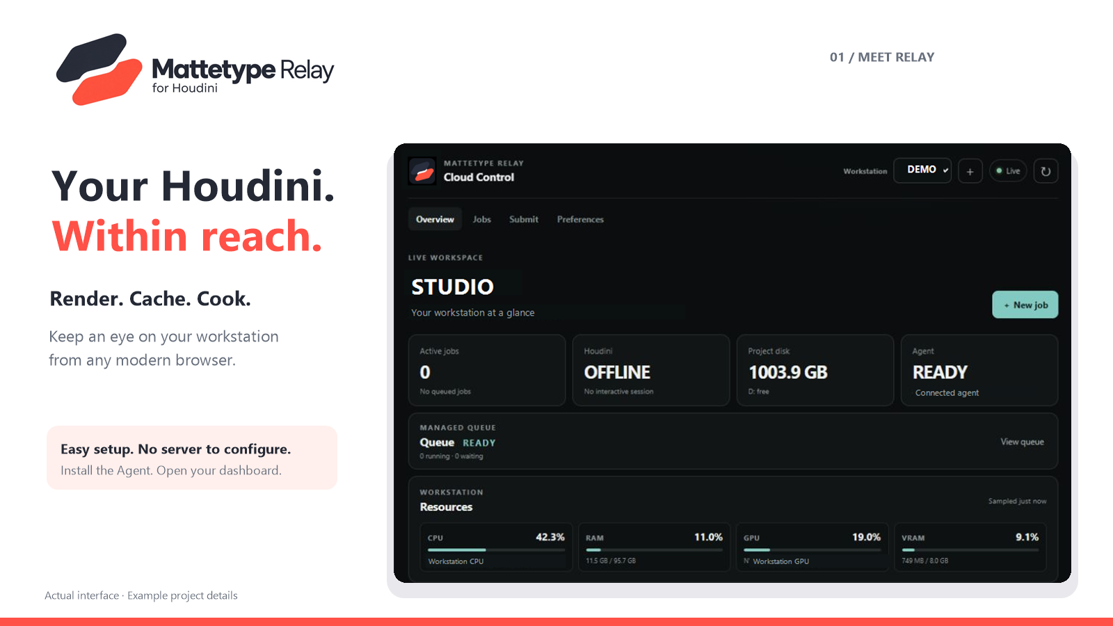 Mattetype Relay dashboard with example Houdini job progress and workstation monitoring